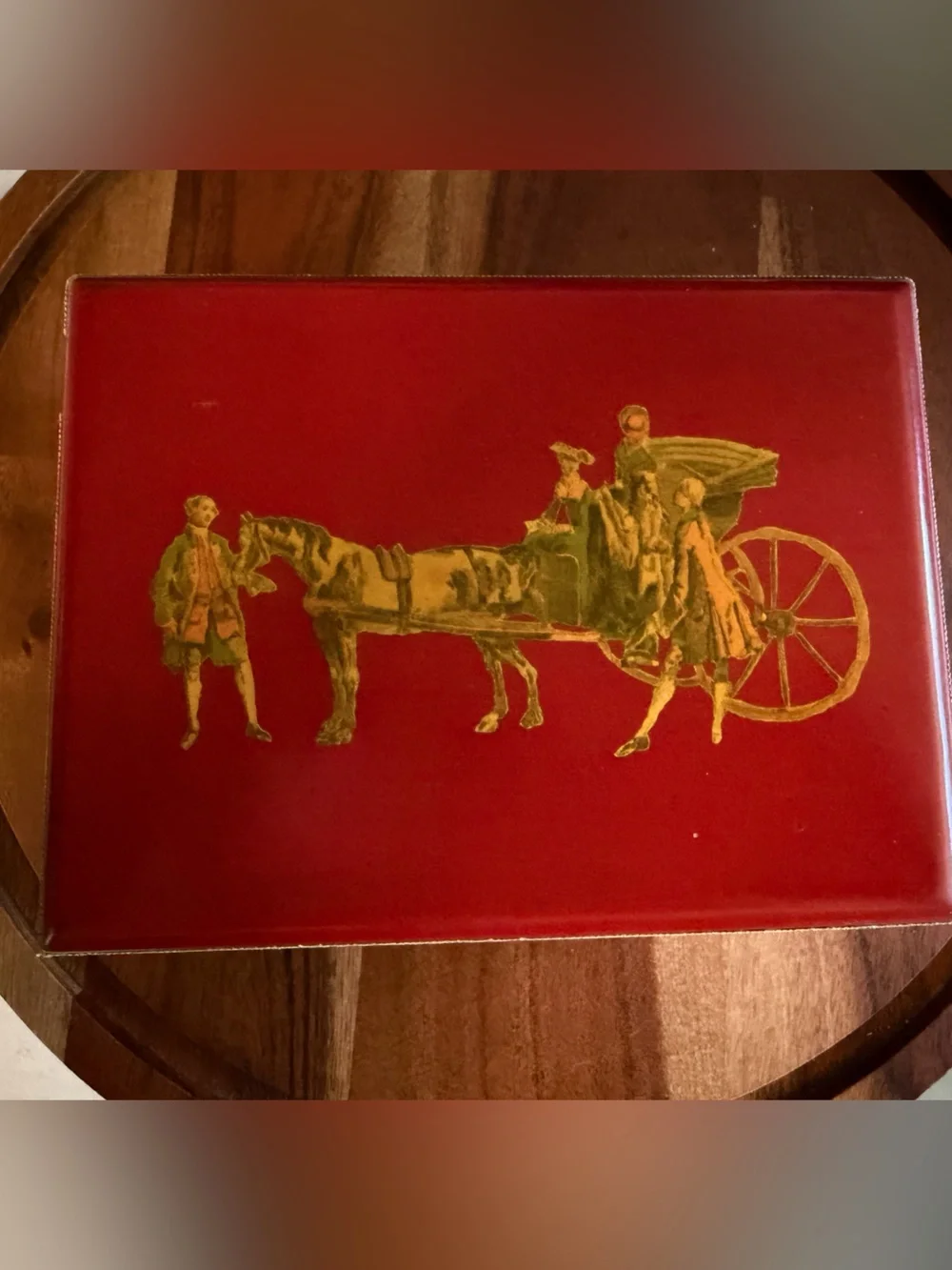 1971 Large Red Carriage Jewelry Box Signed Theda B. Vintage Divided Keepsake